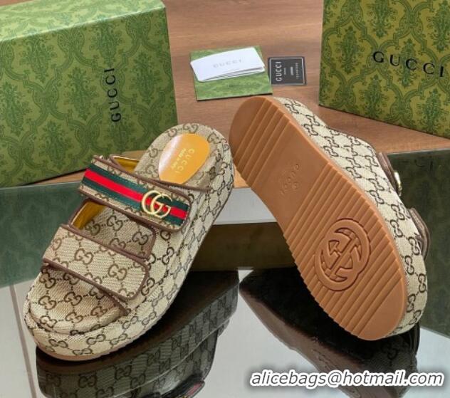 Popular Gucci GG Canvas Platform Slides Sandal 5.5cm with Strap and Web Beige 605035