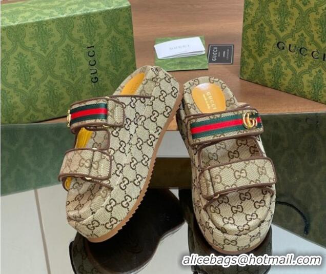 Popular Gucci GG Canvas Platform Slides Sandal 5.5cm with Strap and Web Beige 605035