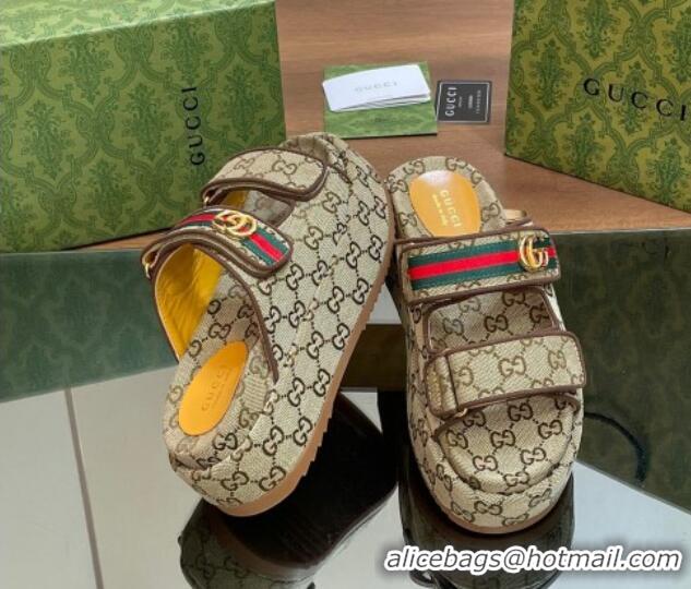 Popular Gucci GG Canvas Platform Slides Sandal 5.5cm with Strap and Web Beige 605035