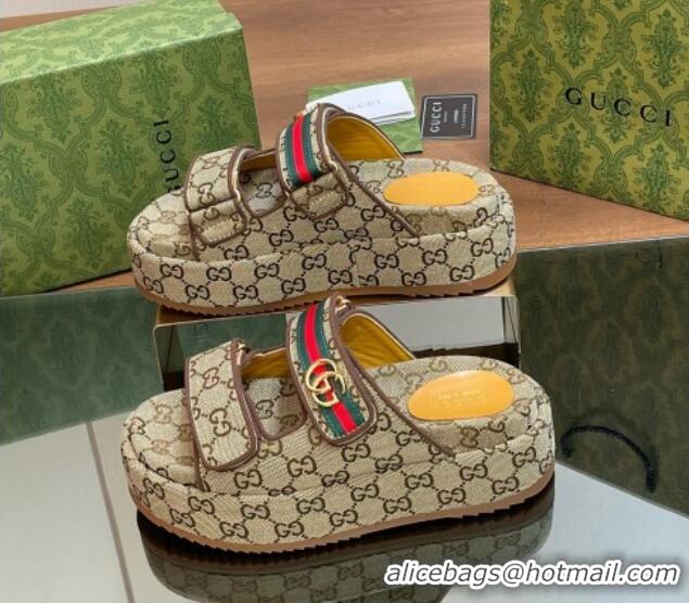 Popular Gucci GG Canvas Platform Slides Sandal 5.5cm with Strap and Web Beige 605035