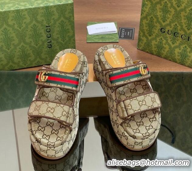 Popular Gucci GG Canvas Platform Slides Sandal 5.5cm with Strap and Web Beige 605035