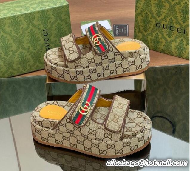 Popular Gucci GG Canvas Platform Slides Sandal 5.5cm with Strap and Web Beige 605035