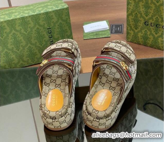 Popular Gucci GG Canvas Platform Slides Sandal 5.5cm with Strap and Web Beige 605035