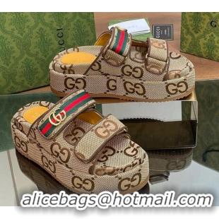 Low Price Gucci Maxi GG Canvas Platform Slides Sandal 5.5cm with Strap and Web Camel/Coffee 605036