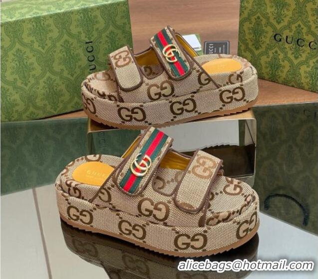 Low Price Gucci Maxi GG Canvas Platform Slides Sandal 5.5cm with Strap and Web Camel/Coffee 605036