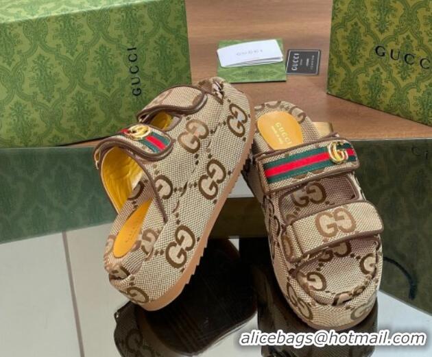 Low Price Gucci Maxi GG Canvas Platform Slides Sandal 5.5cm with Strap and Web Camel/Coffee 605036