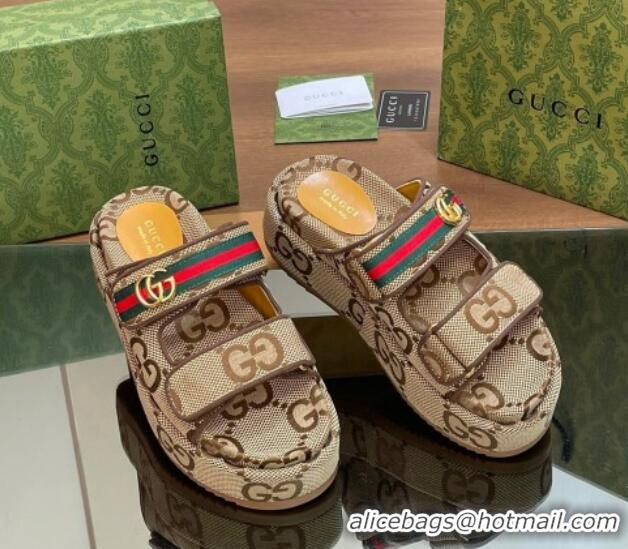 Low Price Gucci Maxi GG Canvas Platform Slides Sandal 5.5cm with Strap and Web Camel/Coffee 605036