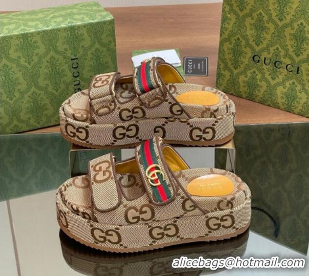 Low Price Gucci Maxi GG Canvas Platform Slides Sandal 5.5cm with Strap and Web Camel/Coffee 605036