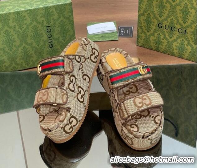 Low Price Gucci Maxi GG Canvas Platform Slides Sandal 5.5cm with Strap and Web Camel/Coffee 605036