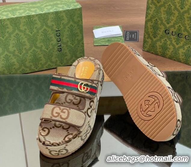 Low Price Gucci Maxi GG Canvas Platform Slides Sandal 5.5cm with Strap and Web Camel/Coffee 605036