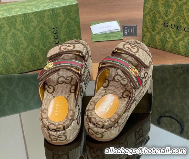 Low Price Gucci Maxi GG Canvas Platform Slides Sandal 5.5cm with Strap and Web Camel/Coffee 605036