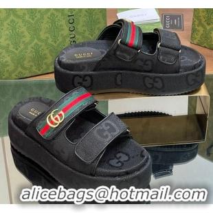 Buy Duplicate Gucci Maxi GG Canvas Platform Slides Sandal 5.5cm with Strap and Web Black 605037