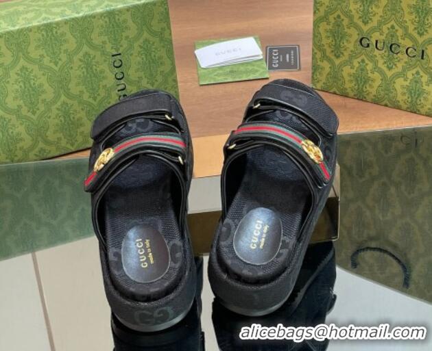 Buy Duplicate Gucci Maxi GG Canvas Platform Slides Sandal 5.5cm with Strap and Web Black 605037