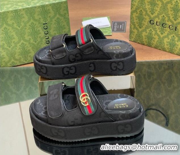 Buy Duplicate Gucci Maxi GG Canvas Platform Slides Sandal 5.5cm with Strap and Web Black 605037