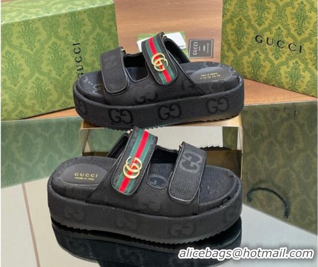 Buy Duplicate Gucci Maxi GG Canvas Platform Slides Sandal 5.5cm with Strap and Web Black 605037