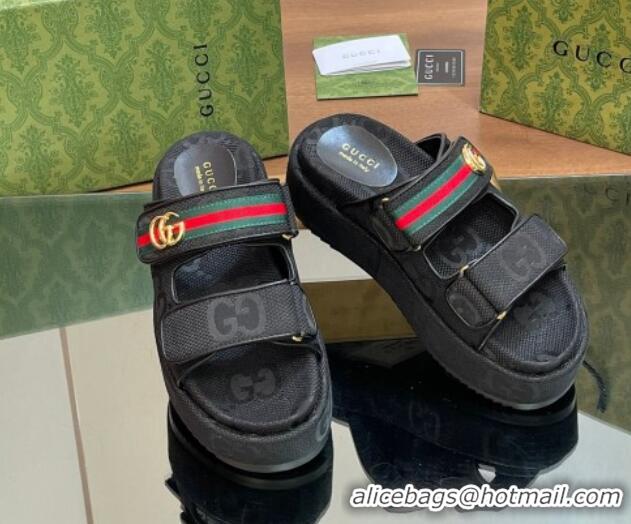 Buy Duplicate Gucci Maxi GG Canvas Platform Slides Sandal 5.5cm with Strap and Web Black 605037