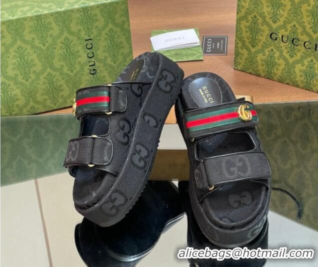 Buy Duplicate Gucci Maxi GG Canvas Platform Slides Sandal 5.5cm with Strap and Web Black 605037