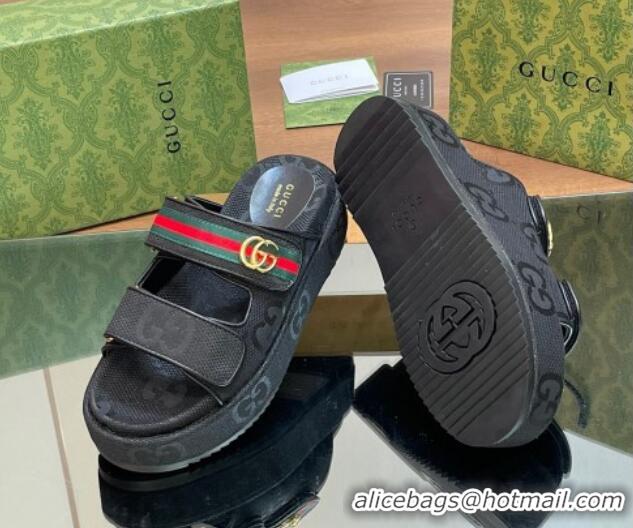 Buy Duplicate Gucci Maxi GG Canvas Platform Slides Sandal 5.5cm with Strap and Web Black 605037