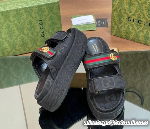 Buy Duplicate Gucci Maxi GG Canvas Platform Slides Sandal 5.5cm with Strap and Web Black 605037