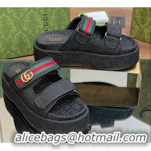 Best Price Gucci GG Canvas Platform Slides Sandal 5.5cm with Strap and Web Black 605038