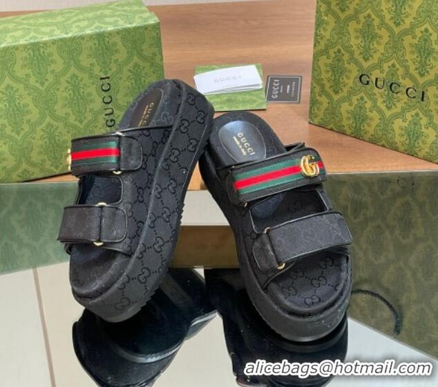 Best Price Gucci GG Canvas Platform Slides Sandal 5.5cm with Strap and Web Black 605038