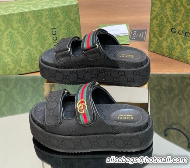 Best Price Gucci GG Canvas Platform Slides Sandal 5.5cm with Strap and Web Black 605038