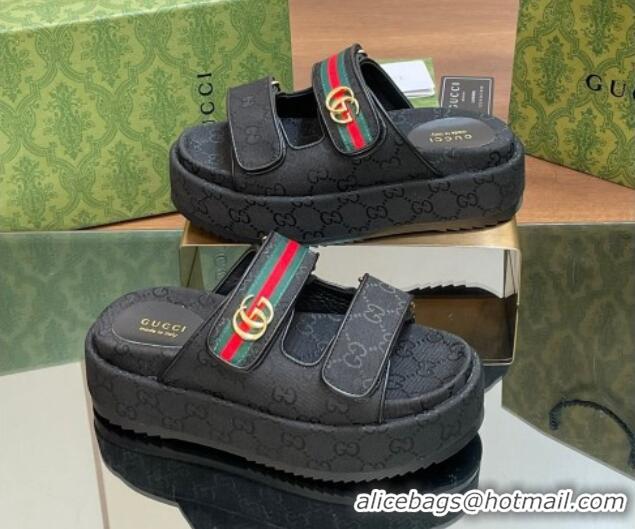 Best Price Gucci GG Canvas Platform Slides Sandal 5.5cm with Strap and Web Black 605038