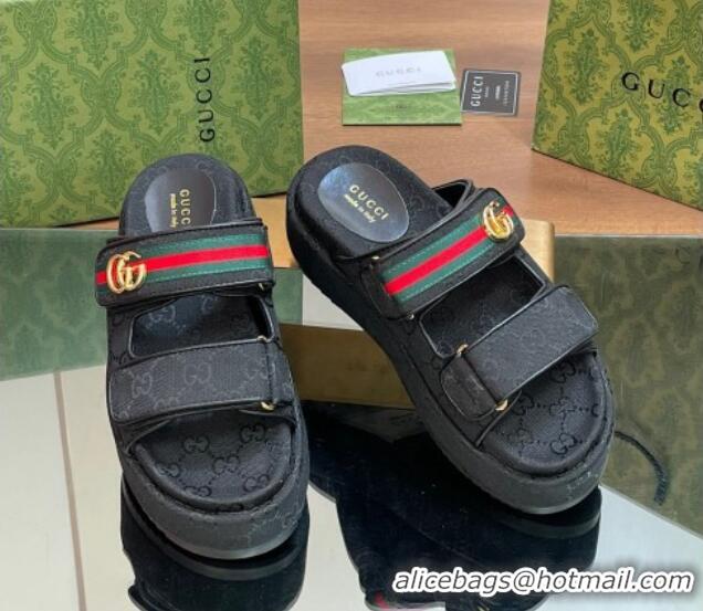 Best Price Gucci GG Canvas Platform Slides Sandal 5.5cm with Strap and Web Black 605038