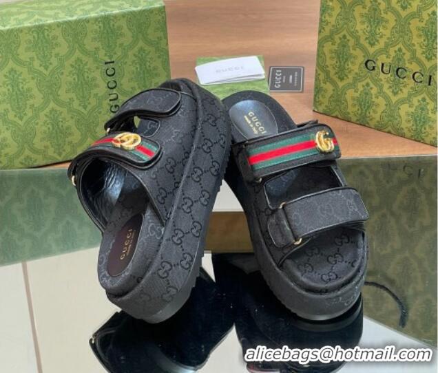 Best Price Gucci GG Canvas Platform Slides Sandal 5.5cm with Strap and Web Black 605038