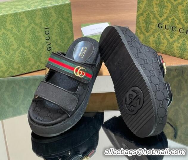 Best Price Gucci GG Canvas Platform Slides Sandal 5.5cm with Strap and Web Black 605038