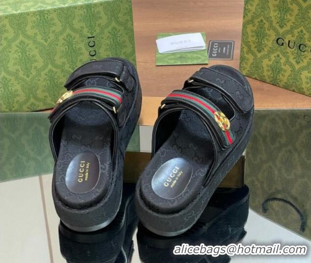 Best Price Gucci GG Canvas Platform Slides Sandal 5.5cm with Strap and Web Black 605038