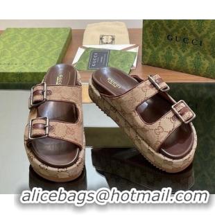 Popular Style Gucci GG Canvas Platform Slides Sandal 5.5cm with Buckle Strap Beige 05039