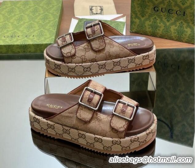 Popular Style Gucci GG Canvas Platform Slides Sandal 5.5cm with Buckle Strap Beige 05039