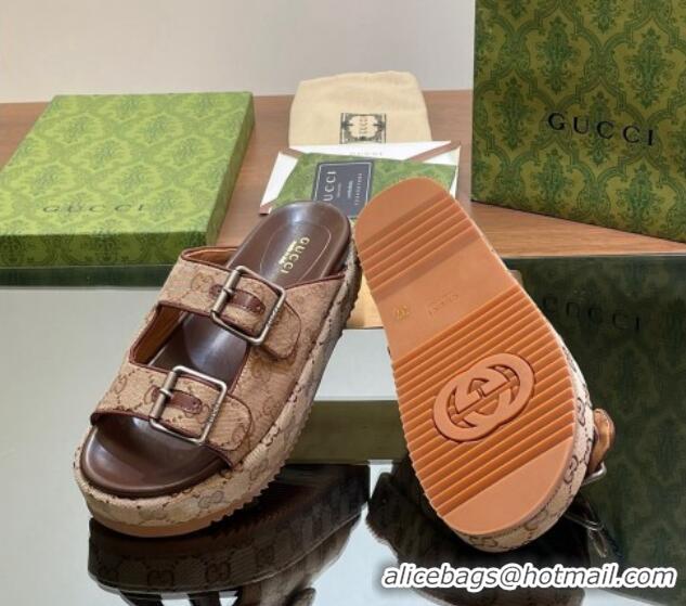 Popular Style Gucci GG Canvas Platform Slides Sandal 5.5cm with Buckle Strap Beige 05039