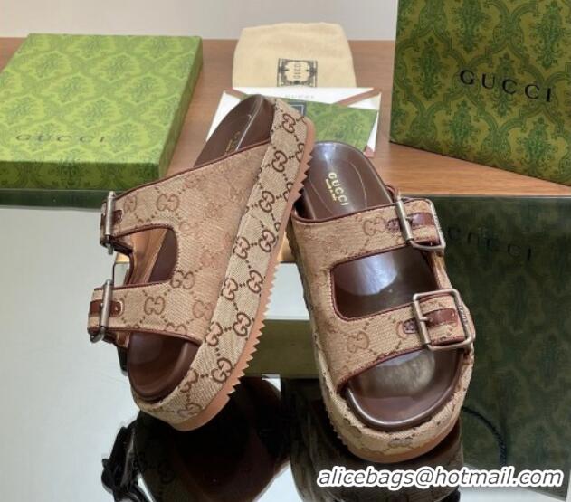 Popular Style Gucci GG Canvas Platform Slides Sandal 5.5cm with Buckle Strap Beige 05039