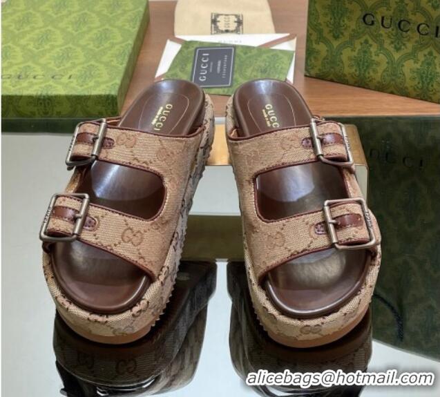 Popular Style Gucci GG Canvas Platform Slides Sandal 5.5cm with Buckle Strap Beige 05039