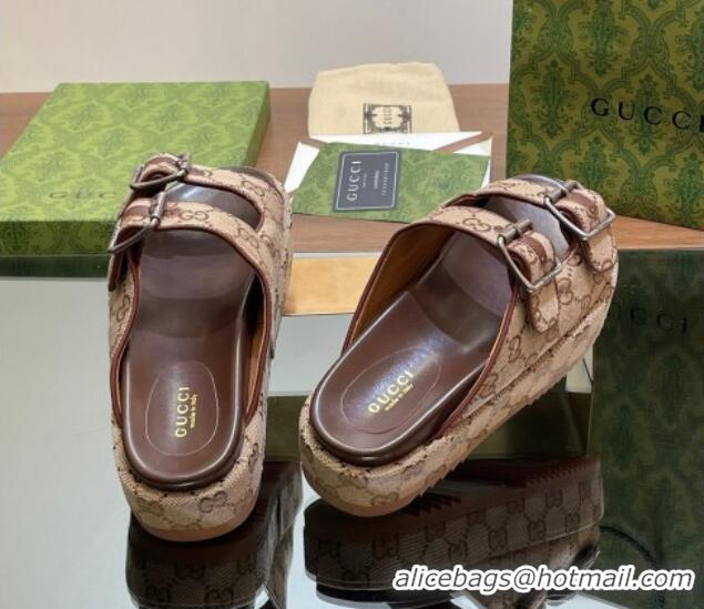 Popular Style Gucci GG Canvas Platform Slides Sandal 5.5cm with Buckle Strap Beige 05039