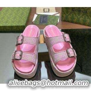 Good Looking Gucci GG Canvas Platform Slides Sandal 5.5cm with Buckle Strap Pink 605040