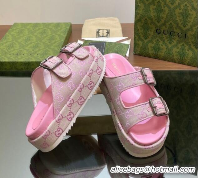 Good Looking Gucci GG Canvas Platform Slides Sandal 5.5cm with Buckle Strap Pink 605040