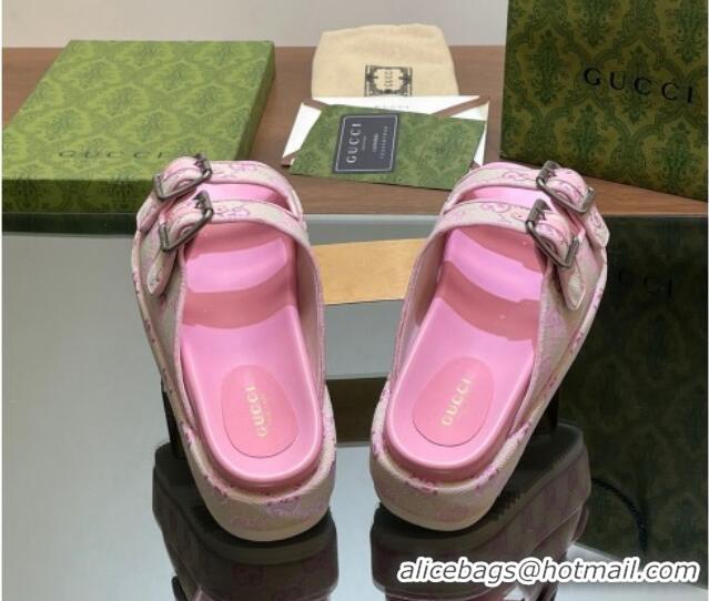 Good Looking Gucci GG Canvas Platform Slides Sandal 5.5cm with Buckle Strap Pink 605040