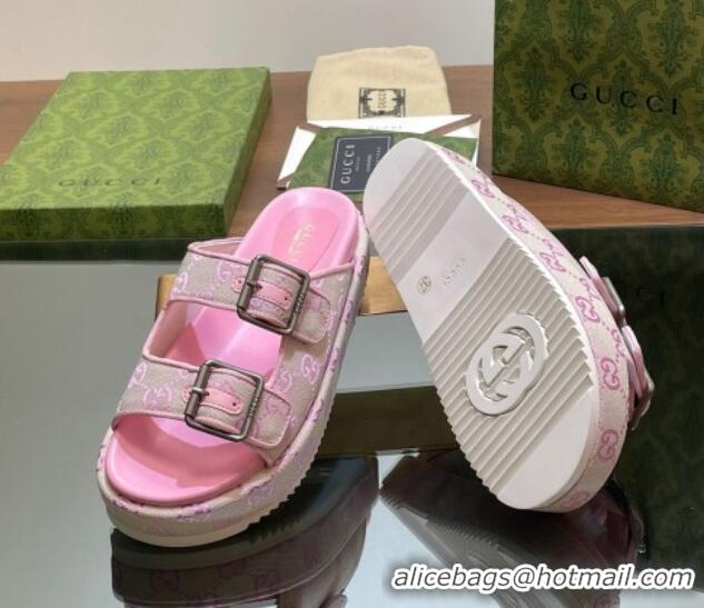 Good Looking Gucci GG Canvas Platform Slides Sandal 5.5cm with Buckle Strap Pink 605040