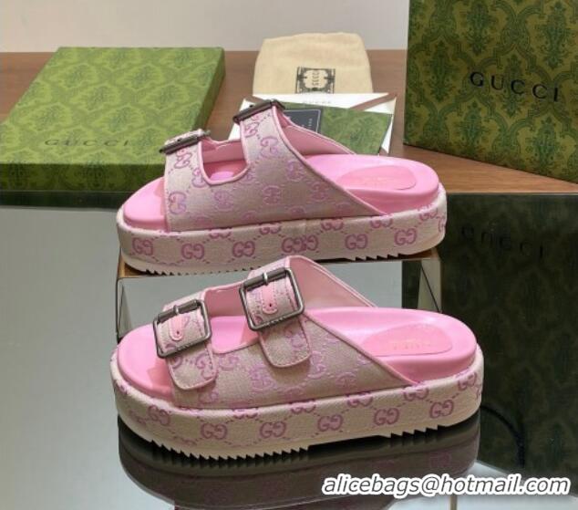 Good Looking Gucci GG Canvas Platform Slides Sandal 5.5cm with Buckle Strap Pink 605040