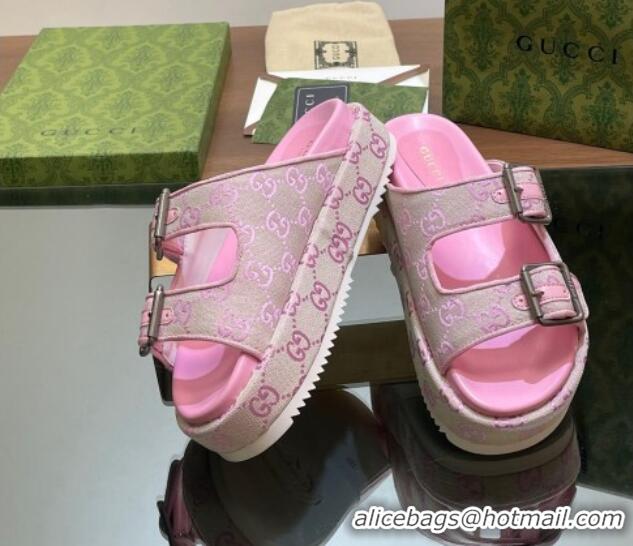 Good Looking Gucci GG Canvas Platform Slides Sandal 5.5cm with Buckle Strap Pink 605040