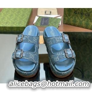 Unique Style Gucci GG Denim Platform Slides Sandal 5.5cm with Buckle Strap Blue 605041