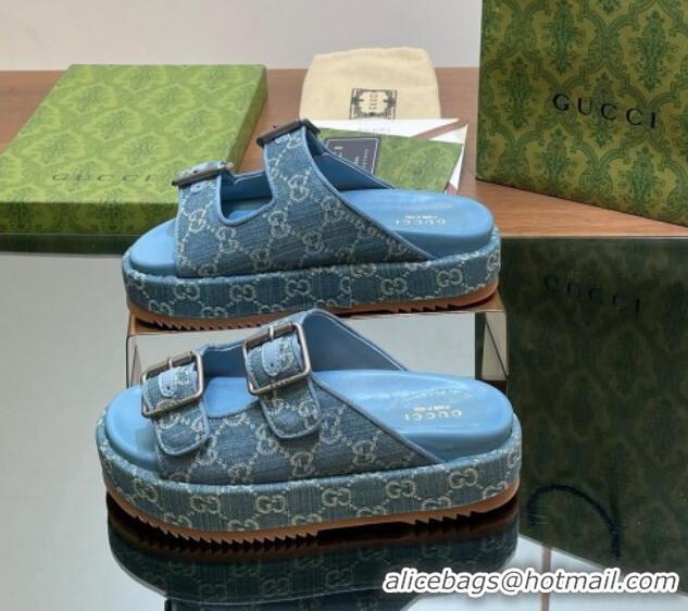 Unique Style Gucci GG Denim Platform Slides Sandal 5.5cm with Buckle Strap Blue 605041