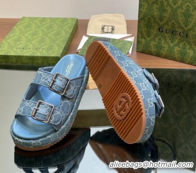 Unique Style Gucci GG Denim Platform Slides Sandal 5.5cm with Buckle Strap Blue 605041