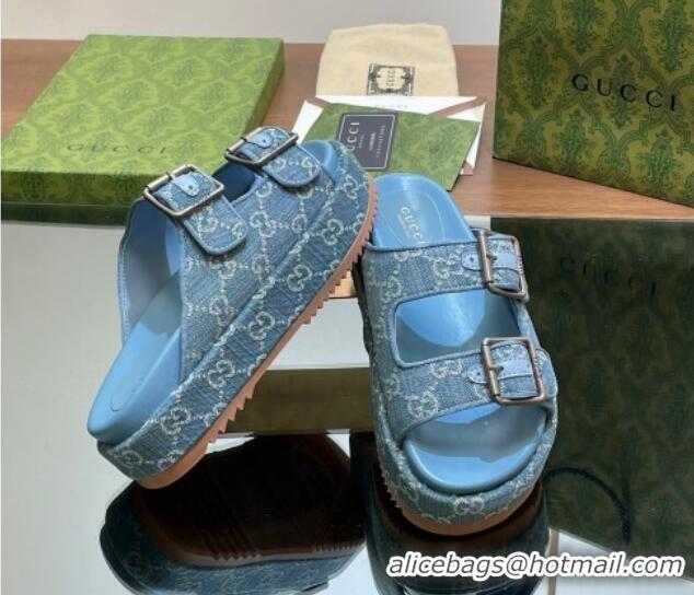 Unique Style Gucci GG Denim Platform Slides Sandal 5.5cm with Buckle Strap Blue 605041