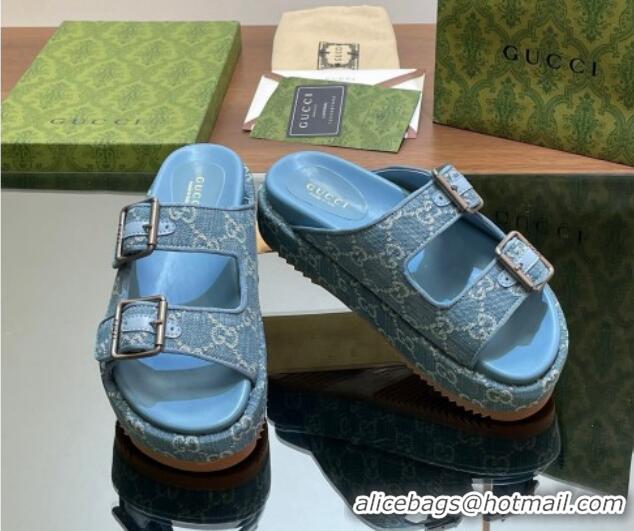 Unique Style Gucci GG Denim Platform Slides Sandal 5.5cm with Buckle Strap Blue 605041