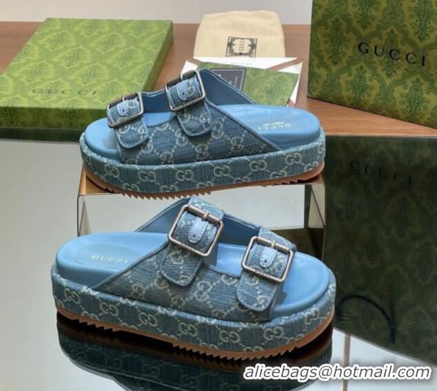 Unique Style Gucci GG Denim Platform Slides Sandal 5.5cm with Buckle Strap Blue 605041