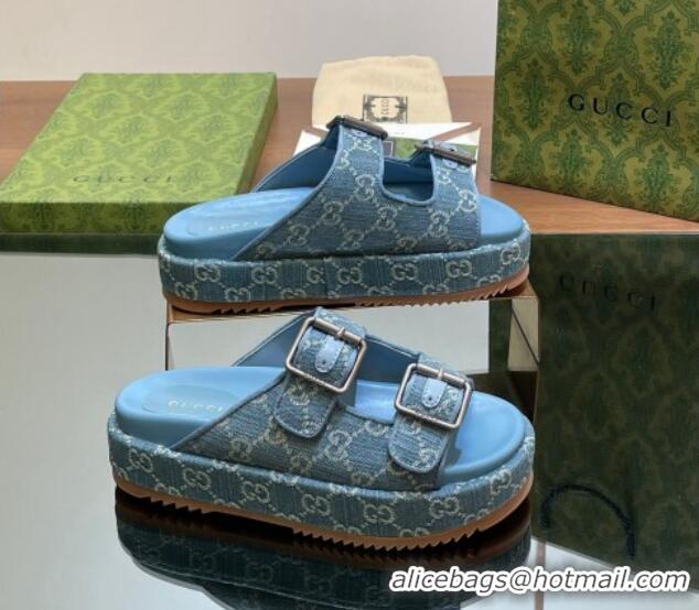 Unique Style Gucci GG Denim Platform Slides Sandal 5.5cm with Buckle Strap Blue 605041